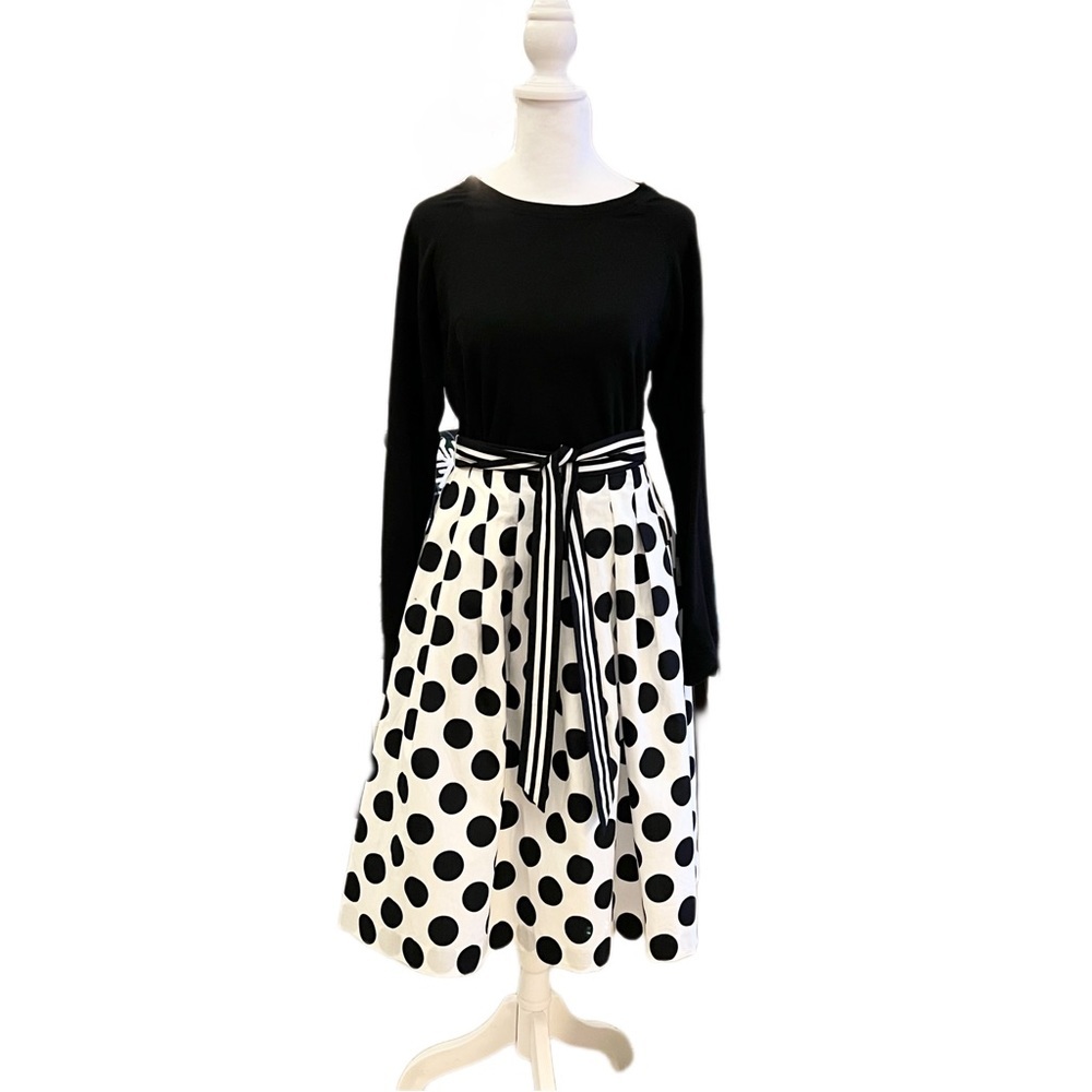 Talbots NWT Polka Dot Black and White Pleated Midi Skirt With Striped Be…